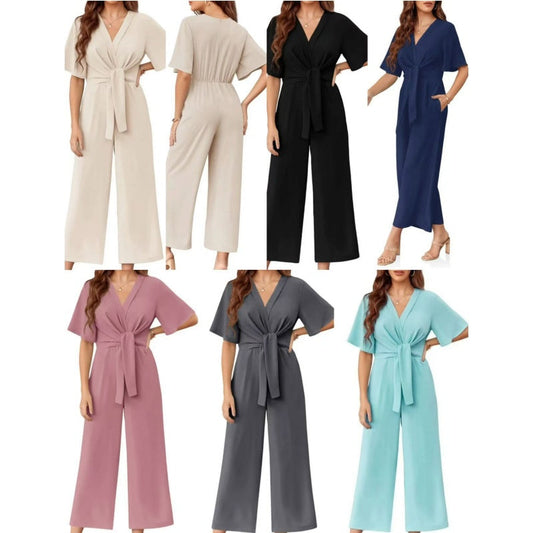 Women's Elegant V-Neck Wide Leg Waist Tie Jumpsuit